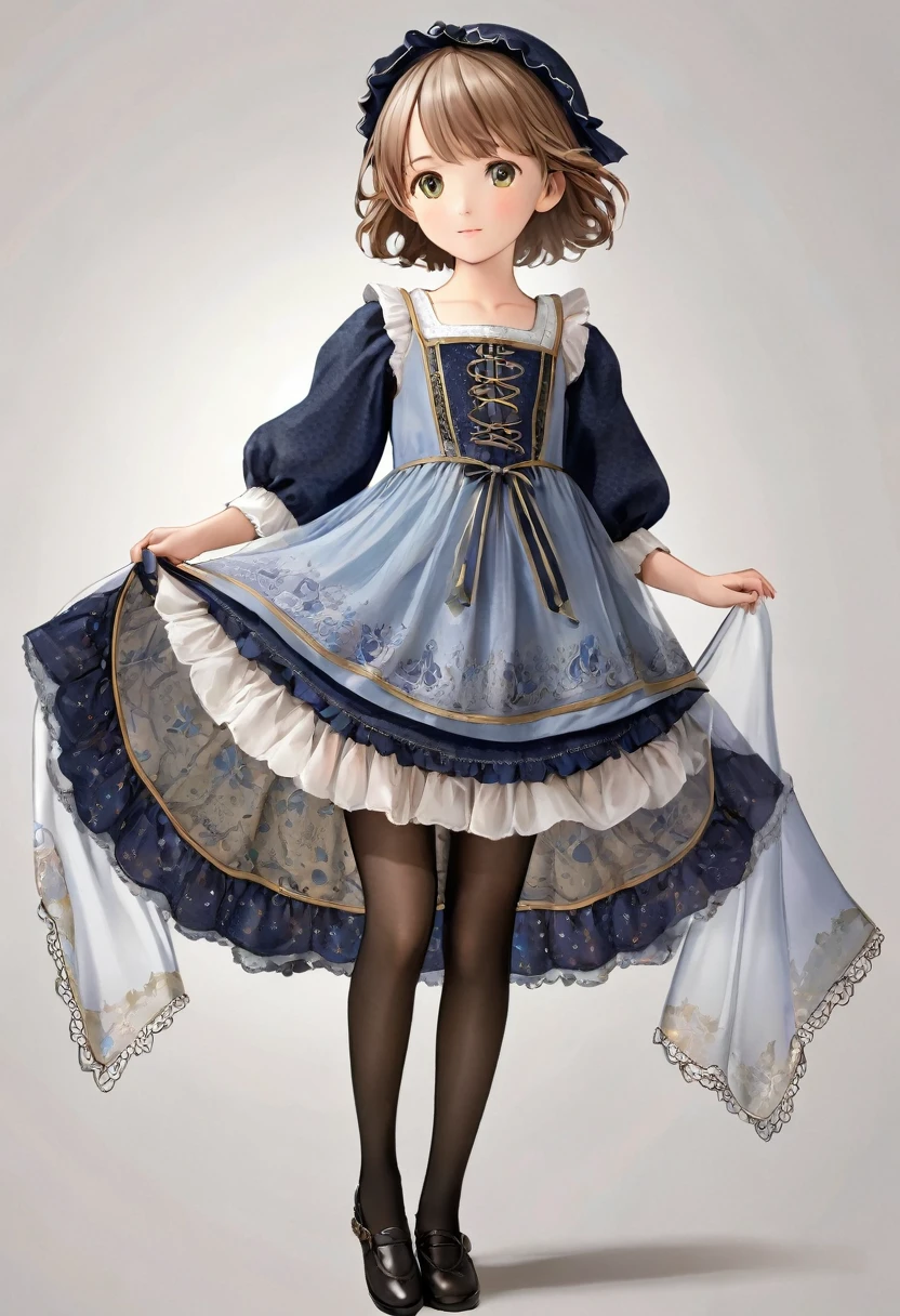 10 year old girl underwear, Realistic bloomers made from patterned cotton fabric, Medieval one-piece dress with panniers, Fabric Realism, Low - Angle, You can see the drawer, Pull up the dress by hand, Strong winds, Translucent slip, Translucent slip, tights, Highest quality, Crotch close-up, whole body
