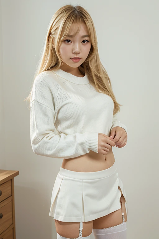 cute korean girl with blonde hair wearing a short white skirt with a white sweater with stockings