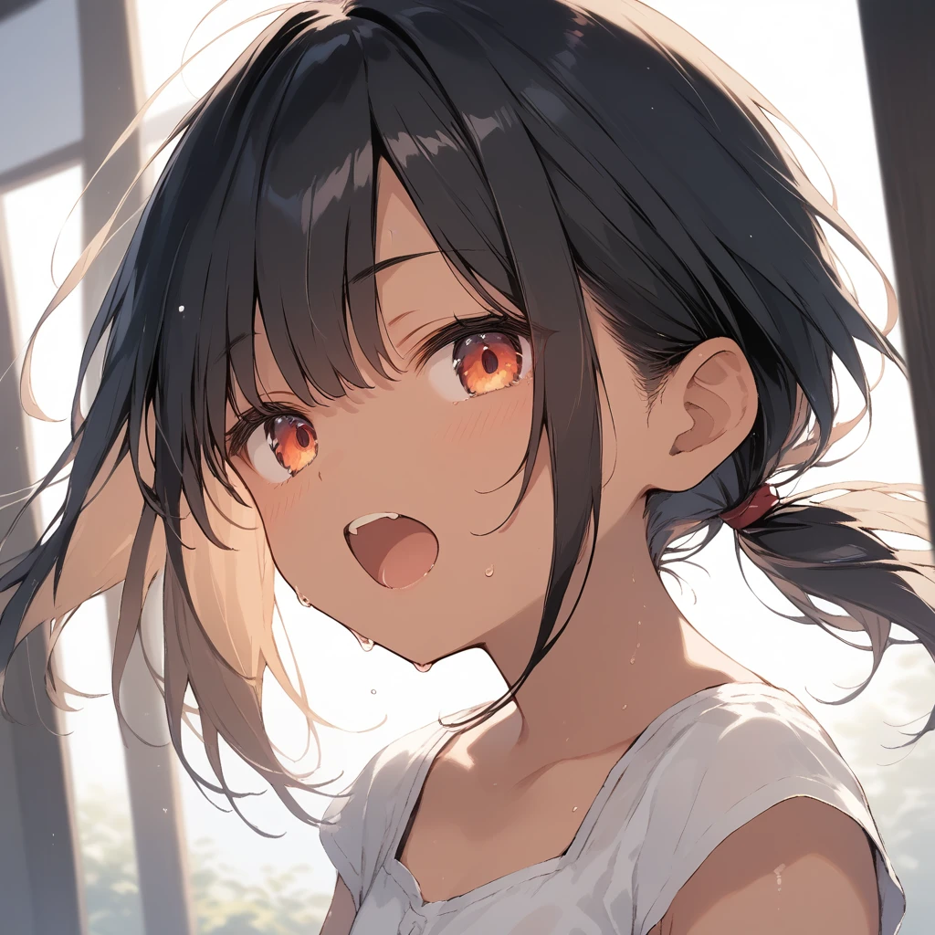score_9, score_8_up, score_7_up, source_anime, best quality, masterpiece, official art, absurdres, highres, ultra-detailed,waifu2x,Collection: Slice of Life,break,1girl, tomboy, dark-skinned female, short hair, low ponytail, flat chest, beautiful detailed eyes, short shorts, sweat, open mouth, (yawn:0.3), sleepily, outdoors, wind,break,(clear line illustration:1.2), super detailed skin,very high resolution, very aesthetic, Best sexual lighting powered by famous artist, 8k,cute picture,beauty illustration,photoshop_(medium),,(Detailed Lighting),best anime 8k konachan wallpaper, pixiv contest winner,