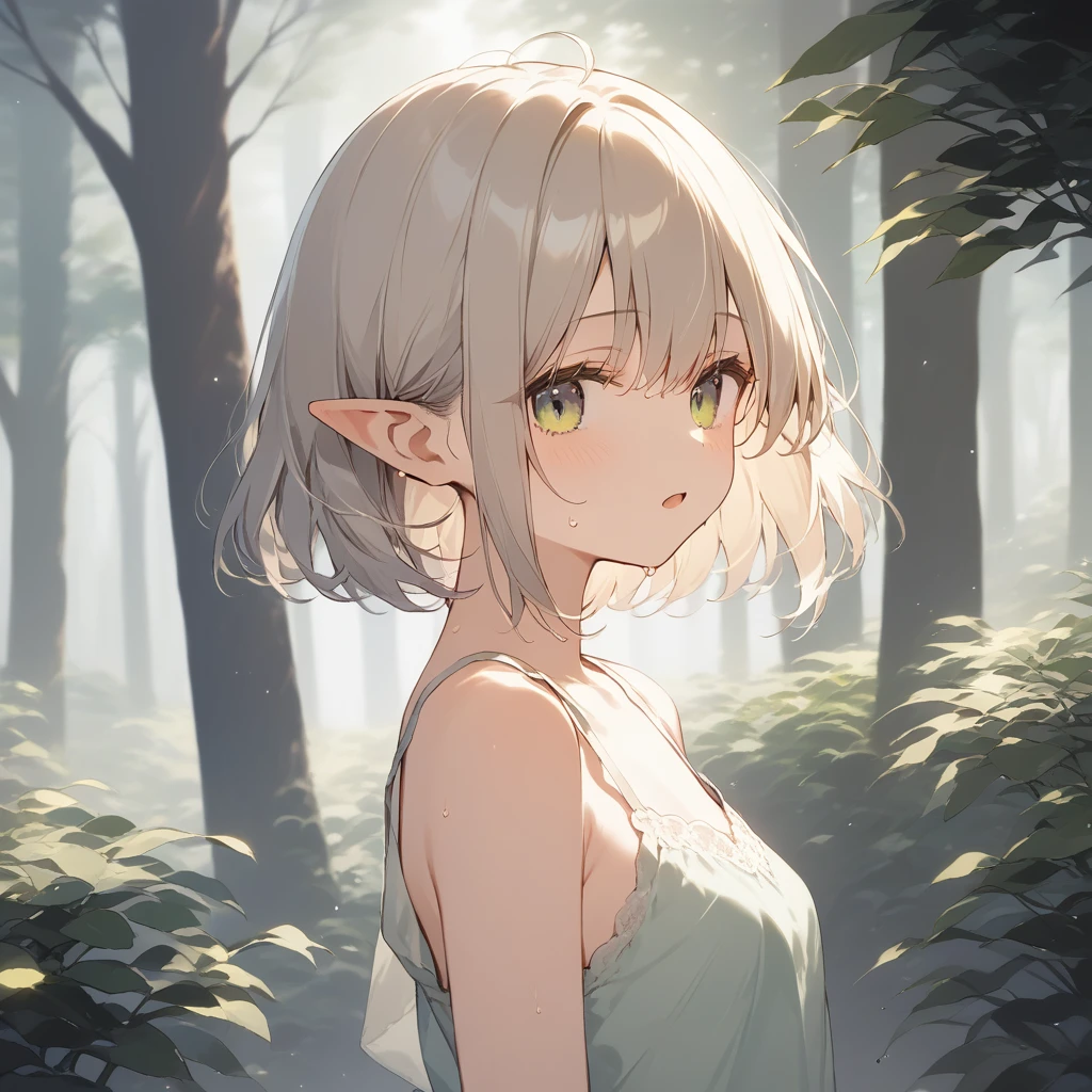 score_9, score_8_up, score_7_up, source_anime, best quality, masterpiece, official art, absurdres, highres, ultra-detailed,waifu2x,Collection: Slice of Life,break,1girl, elf, short hair, slender, androgynous,expressionless, small breasts, beautiful detailed eyes, green shorts, sweat, open mouth, sleepily, outdoors, forest, spring,break,(clear line illustration:1.2), super detailed skin,very high resolution, very aesthetic, Best sexual lighting powered by famous artist, 8k,cute picture,beauty illustration,photoshop_(medium),,(Detailed Lighting),best anime 8k konachan wallpaper, pixiv contest winner,
