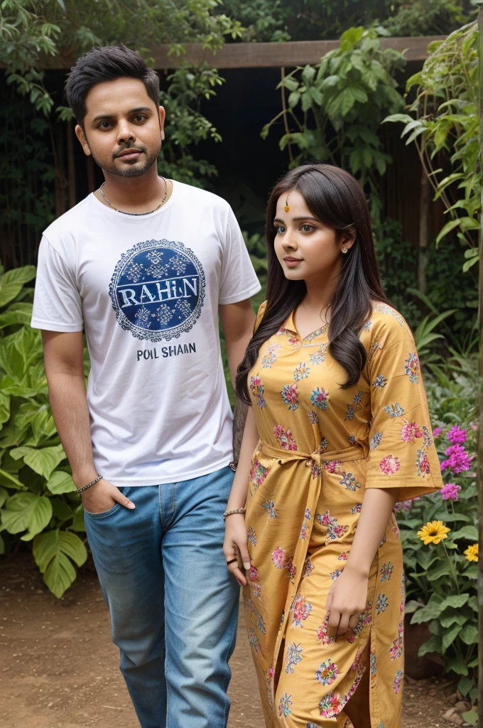 Boy and girl friends in garden raina name print on his cloths