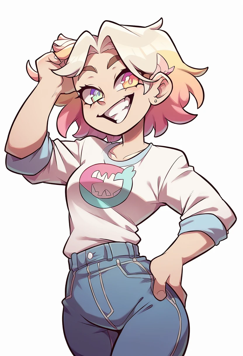 Gyaru girl, tan skin, short hair, messy hair, glossy lips, smile, sharp teeth, large lips, light blue eyes, winking, crop top, abs, jeans, wide hips, furrowed brows,