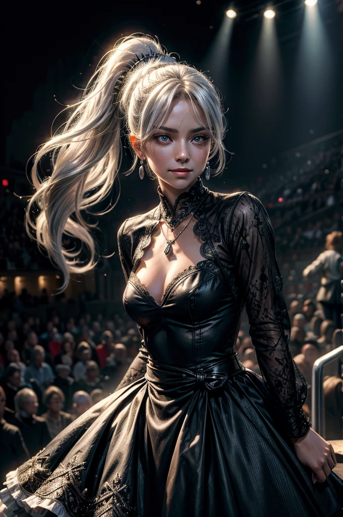 (masterpiece, best quality:1.2), cowboy shot, weissvale, smile, closed mouth, looking at viewer, long white hair, side ponytail, scar above eye, scar below eye, black gala dress, jewelry, necklace, earrings, future_urban, standing in theater, on stage, orchestra, audience, crowd, (volumetric lighting), intricate details, tonemapping, sharp focus, hyper detailed