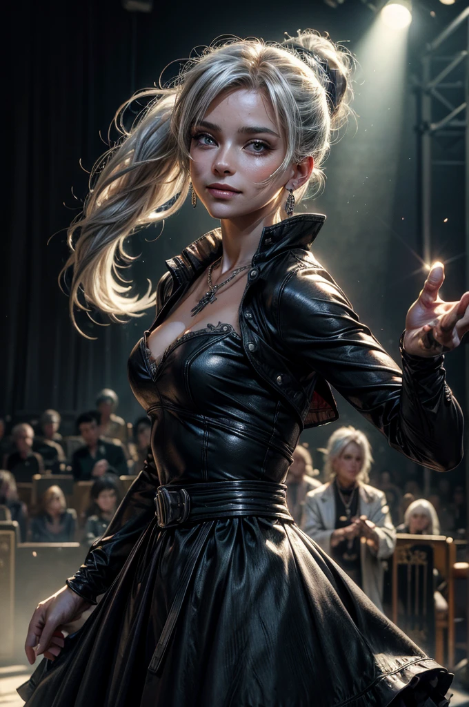 (masterpiece, best quality:1.2), cowboy shot, weissvale, smile, closed mouth,  looking at viewer, long white hair, side ponytail, scar above eye, scar below eye, black gala dress,  jewelry, necklace, earrings, future_urban, standing in theater, on stage, orchestra, audience, crowd, (volumetric lighting), intricate details, tonemapping, sharp focus, hyper detailed 