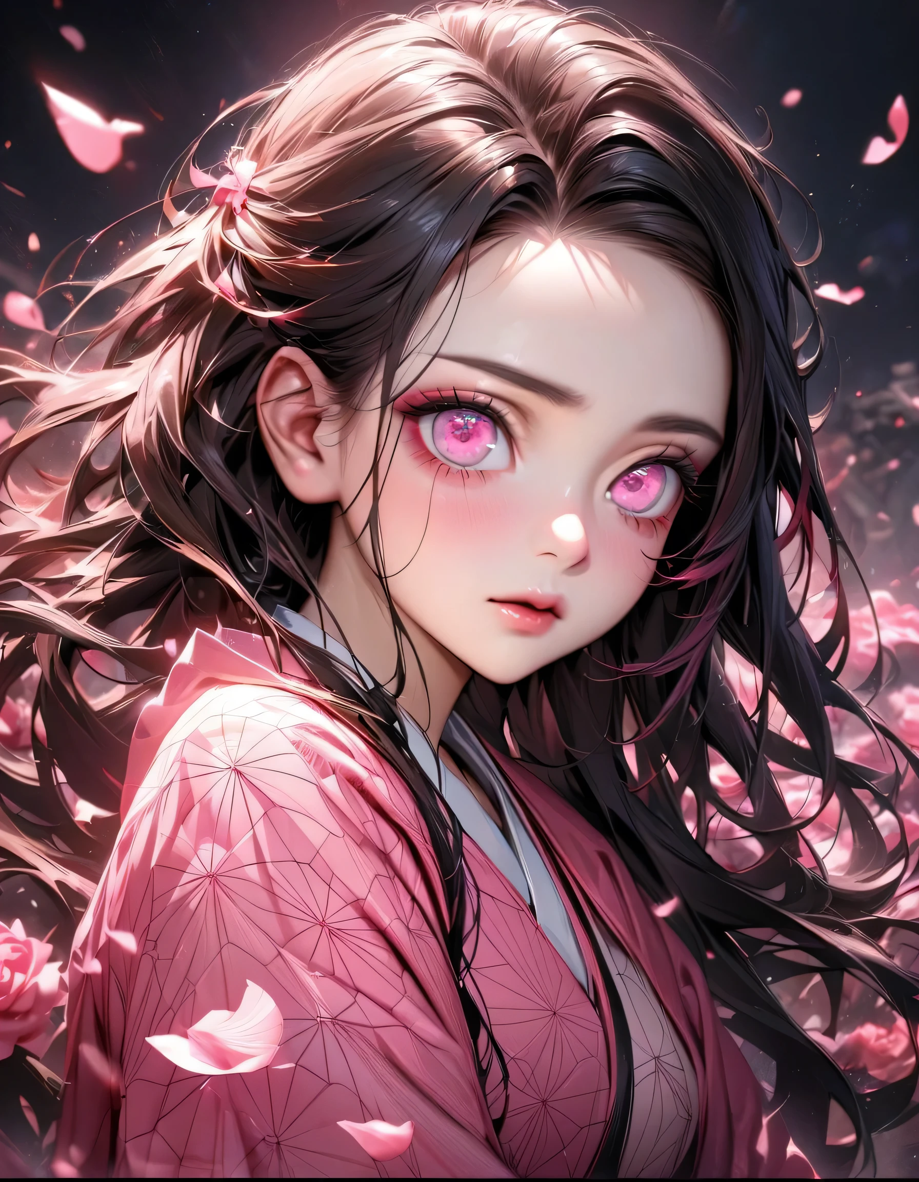 absurdres, highres, ultra detailed, HDR, masterpiece, best quality, extremely detailed face and eyes, perfect face, realistic face, beautiful eyes, Nezuko Kamado, black hair, expressive pink eyes, Kimetsu No Yaiba, solo, woman, beautiful, pink ice butterflies, pink ice, pink ice roses, pink ice petals