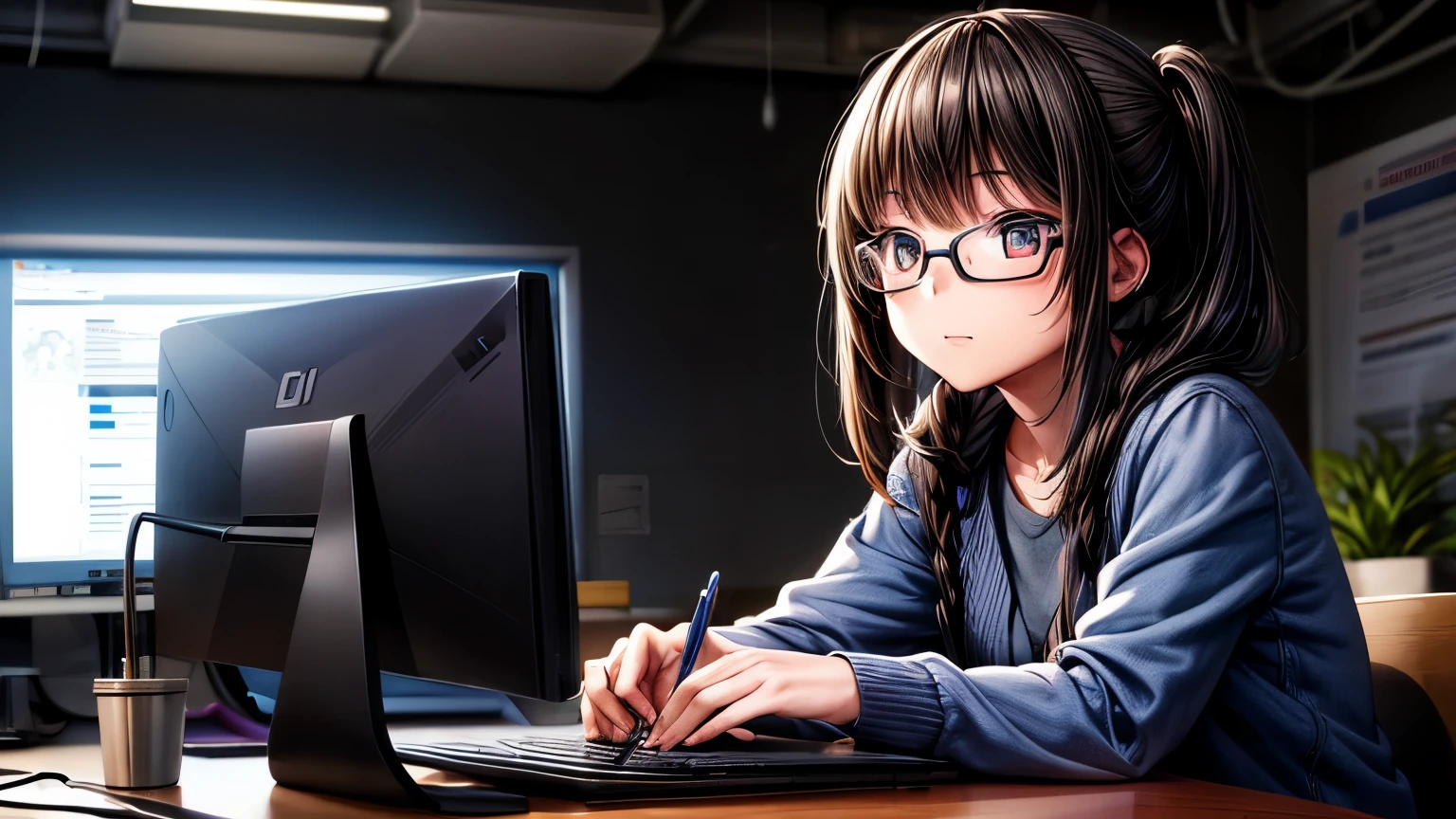 A girl with glasses writes code on a computer ,sf