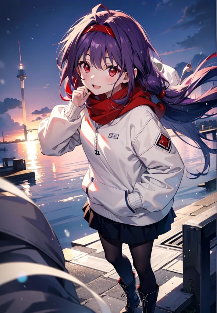 yuukikonno, Konno Yuuki, Long Hair, Pointed Ears, Purple Hair, (Red eyes:1.5), (Small breasts:1.2), Open your mouth,happy smile, smile, Open your mouth,hair band,low twin tail,Red Scarf,Oversized purple hoodie,Long skirt,Black pantyhose,short boots,He has his hands in his hoodie pockets.,snowが降っている,snowが降り積もっている,snow,snow,snow,snow,winter,Cold night,Walking,whole bodyがイラストに入るように,Looking down from above,
break looking at viewer,  whole body,
break outdoors, In town,
break (masterpiece:1.2), Highest quality, High resolution, unity 8k wallpaper, (figure:0.8), (Beautiful attention to detail:1.6), Highly detailed face, Perfect lighting, Highly detailed CG, (Perfect hands, Perfect Anatomy),