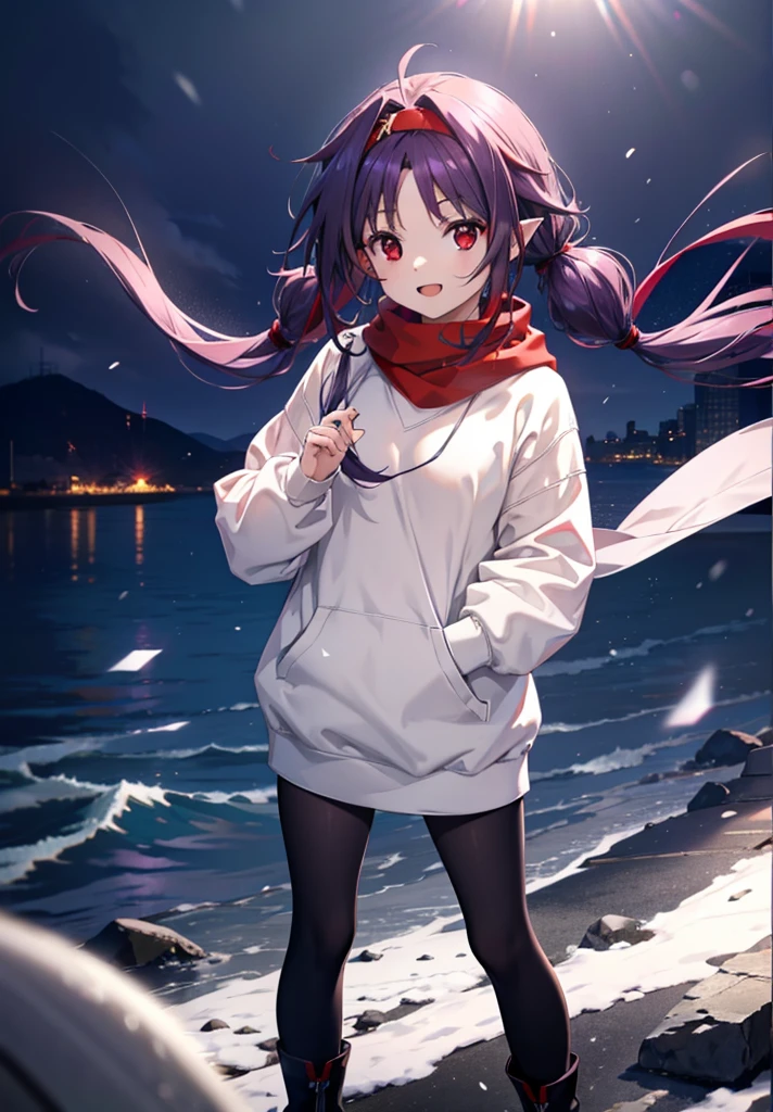 yuukikonno, Konno Yuuki, Long Hair, Pointed Ears, Purple Hair, (Red eyes:1.5), (Small breasts:1.2), Open your mouth,happy smile, smile, Open your mouth,hair band,low twin tail,Red Scarf,Oversized purple hoodie,Long skirt,Black pantyhose,short boots,He has his hands in his hoodie pockets.,snowが降っている,snowが降り積もっている,snow,snow,snow,snow,winter,Cold night,Walking,whole bodyがイラストに入るように,Looking down from above,
break looking at viewer,  whole body,
break outdoors, In town,
break (masterpiece:1.2), Highest quality, High resolution, unity 8k wallpaper, (figure:0.8), (Beautiful attention to detail:1.6), Highly detailed face, Perfect lighting, Highly detailed CG, (Perfect hands, Perfect Anatomy),