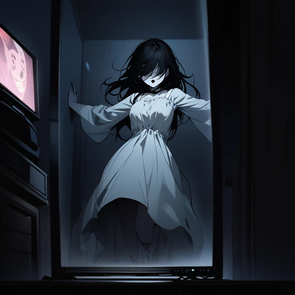 Top quality, masterpiece, horror style, woman, long black hair that covers her eyes, long white dress, pale skin,Dimly lit room, woman jump out from the TV screen, dark night,movie film style