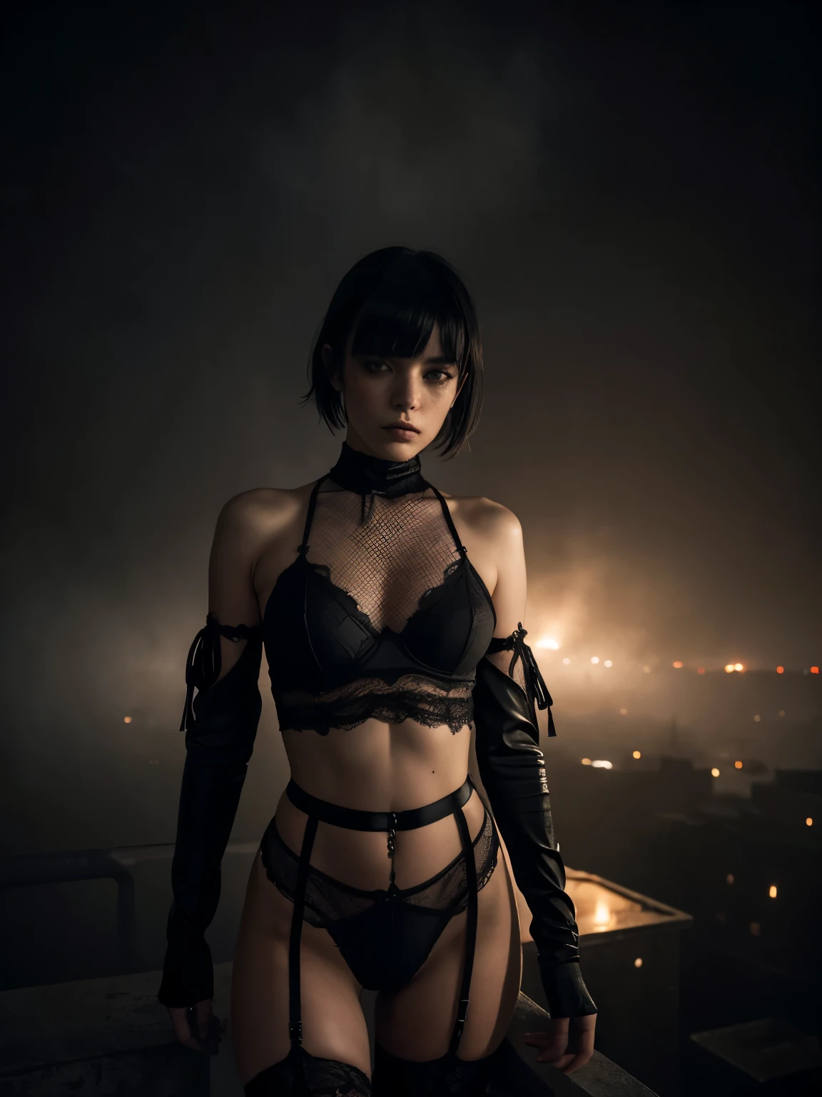 (Best Quality,hight resolution,Masterpiece, half body shot:1.2),Ultra-detailed,woman dressed in black g-string thong and fishnet lingerie with a giant rat behind her,sickly standing in a creepy city alley with a giant rat in the background, she's wearing a very sexy high waisted g-string thong, giant rate in the background, thong lingerie, dirty city alley, creepy giant rat monster, perfect body, sensual pose, horror movie, giant rat standing behind her, full body shot, horror vibes, centered subject,gloomy ecstasy,fetish,dark gloomy atmosphere, creepy atmosphere, gritty texture,Retro-atmosphere,warped reality,melancholic expression on his face,mysterious aura,foggy atmosphere,foggy background,Subtle color palette,provocative pose,Strong emotions,Coming Out of the Depths of Despair,Piercing gaze,intense shadows,Plunged in Darkness,dark industrial aesthetic,ominous vibe,A supernatural sensation,Loss of Place in Time and Space,Eerie silence.asymmetrical bangs, freckles, red short hair, Bangs, freckles, gray eyes,