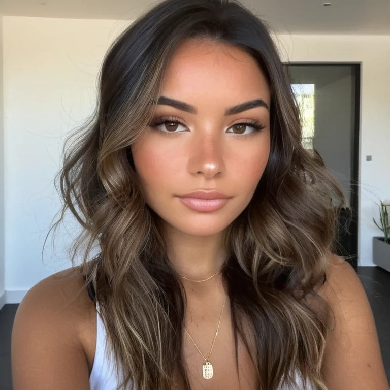 Une jeune femme cheveux marron long légèrement ondulé, de couleur châtain foncé. Les boucles sont bien définies , encadrant son visage avec une touche naturelle et vibrante.peau claire, avec un teint légèrement doré, caractéristique des régions ensoleillées de la colombie. yeux : de couleur maron ajoutant une touche captivante à son apparence. visage : des traits doux et harmonieux. Ses pommettes sont légèrement saillantes, et elle a un sourire craquant. âge : environ 25 ans, dégageant une aura de jeunesse et de vitalité et à l'apparence la plus réel que possible. style : Vêtements décontractés mais sexy crop-top blanc. on doit voir sont corps en entier. Elle doit être le plus réel que possible et elle doit aussi être très hot pour onlyfans