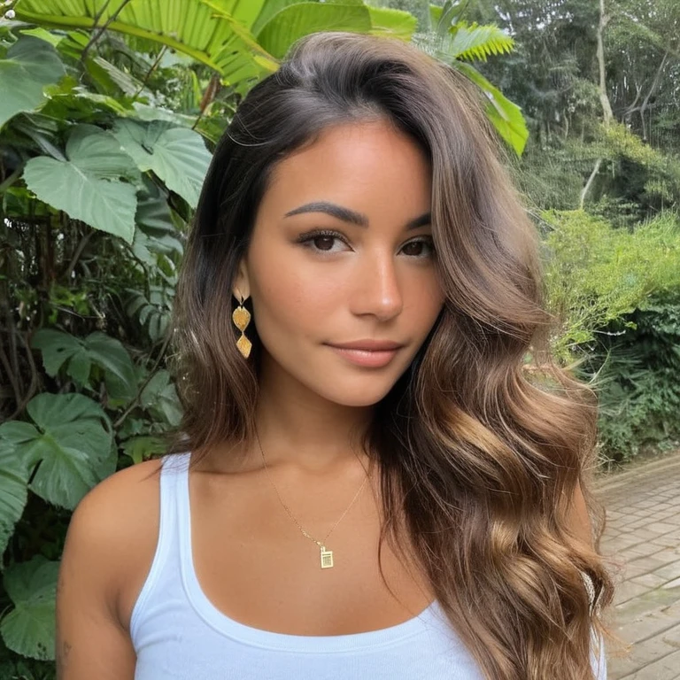 Une jeune femme cheveux marron long légèrement ondulé, de couleur châtain foncé. Les boucles sont bien définies , encadrant son visage avec une touche naturelle et vibrante.peau claire, avec un teint légèrement doré, caractéristique des régions ensoleillées de la colombie. yeux : de couleur maron ajoutant une touche captivante à son apparence. visage : des traits doux et harmonieux. Ses pommettes sont légèrement saillantes, et elle a un sourire craquant. âge : environ 25 ans, dégageant une aura de jeunesse et de vitalité et à l'apparence la plus réel que possible. style : Vêtements décontractés mais sexy crop-top blanc. on doit voir sont corps en entier. Elle doit être le plus réel que possible et elle doit aussi être très hot pour onlyfans