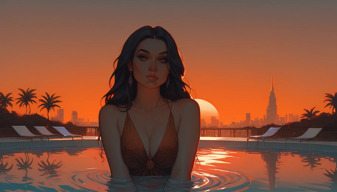 score_9, score_8_up, score_8_up,  front view ,   beautiful pool, sunset sky, orange purple sky, Los Angeles  city skyline, city skyline in the background pool chairs, negative_hand, g0thicPXL, gta,No humans