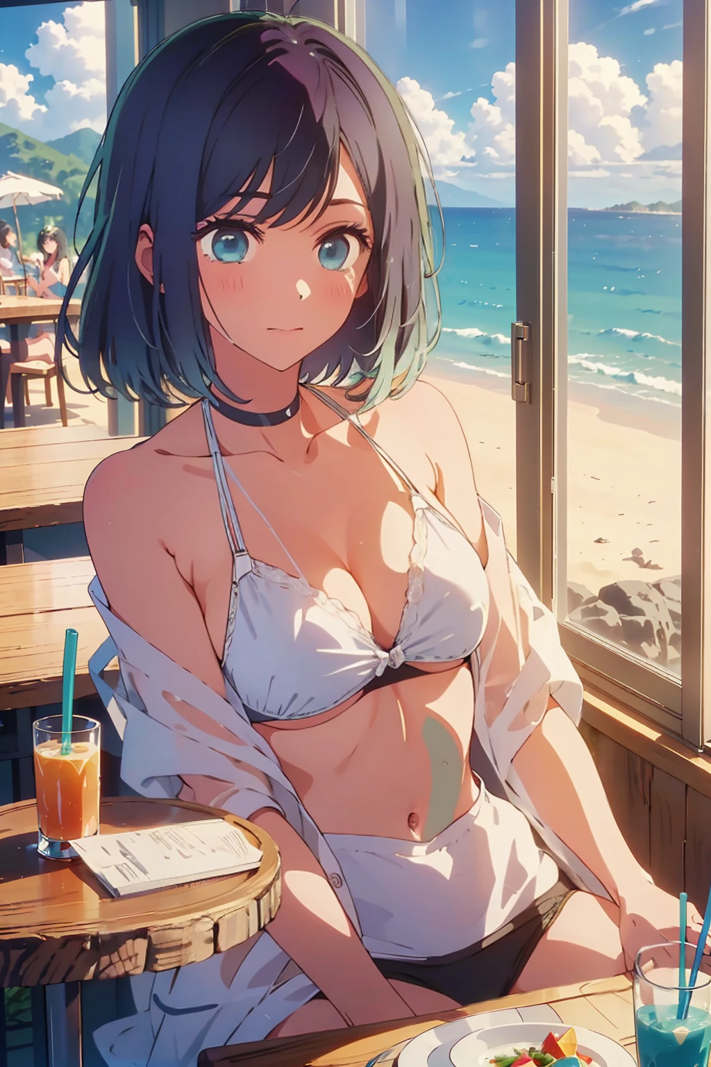 (Highest quality:1.4、masterpiece:1.4、Super detailed:1.4、8k:1.4)、((((1 person、Surprised expression、sit、Indoor cafe terrace、coastal、juice、table、Sandy Beach、juiceのグラスを持つ、Micro Bikini、Very soft 、Big eyes、Very cute face))))、(with a thunderstorm:1.4)、F cup bust、Medium breast、Underboob