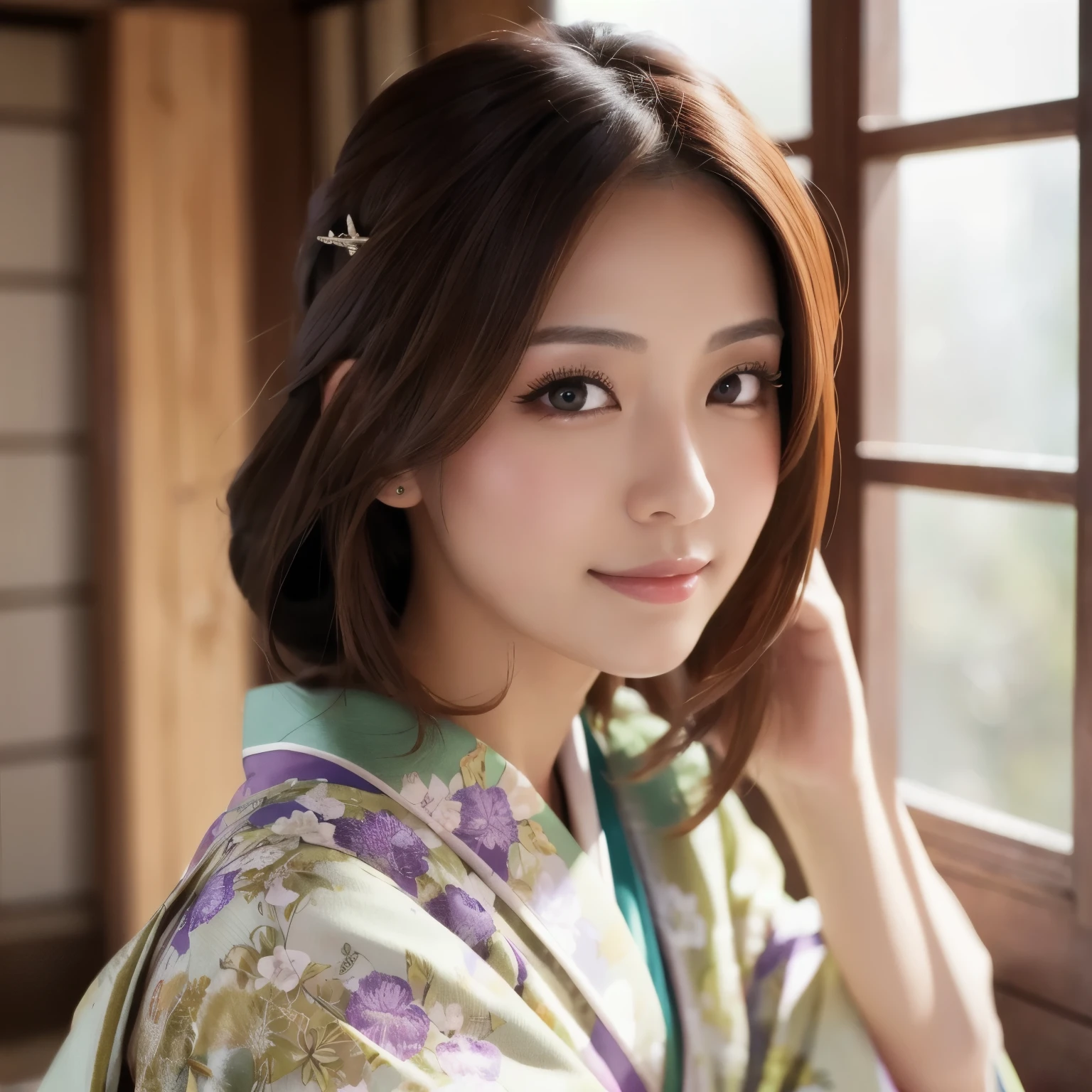 (best quality,highres,ultra-detailed),((portrait )),1beautiful Japanese lady,beautiful detailed eyes,beautiful detailed lips,extremely detailed face,longeyelashes,soft smile,flowing hair,natural lighting, wearling japanese elegant Kimono,