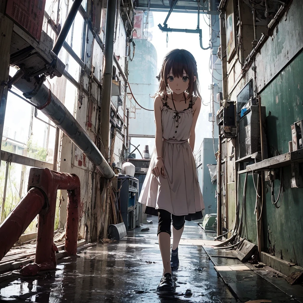 Girl captured by tentacles in abandoned factory、Tentacles in a skirt、Pants fabric texture、Watery eye、shout、Get wet、Reluctant、run away