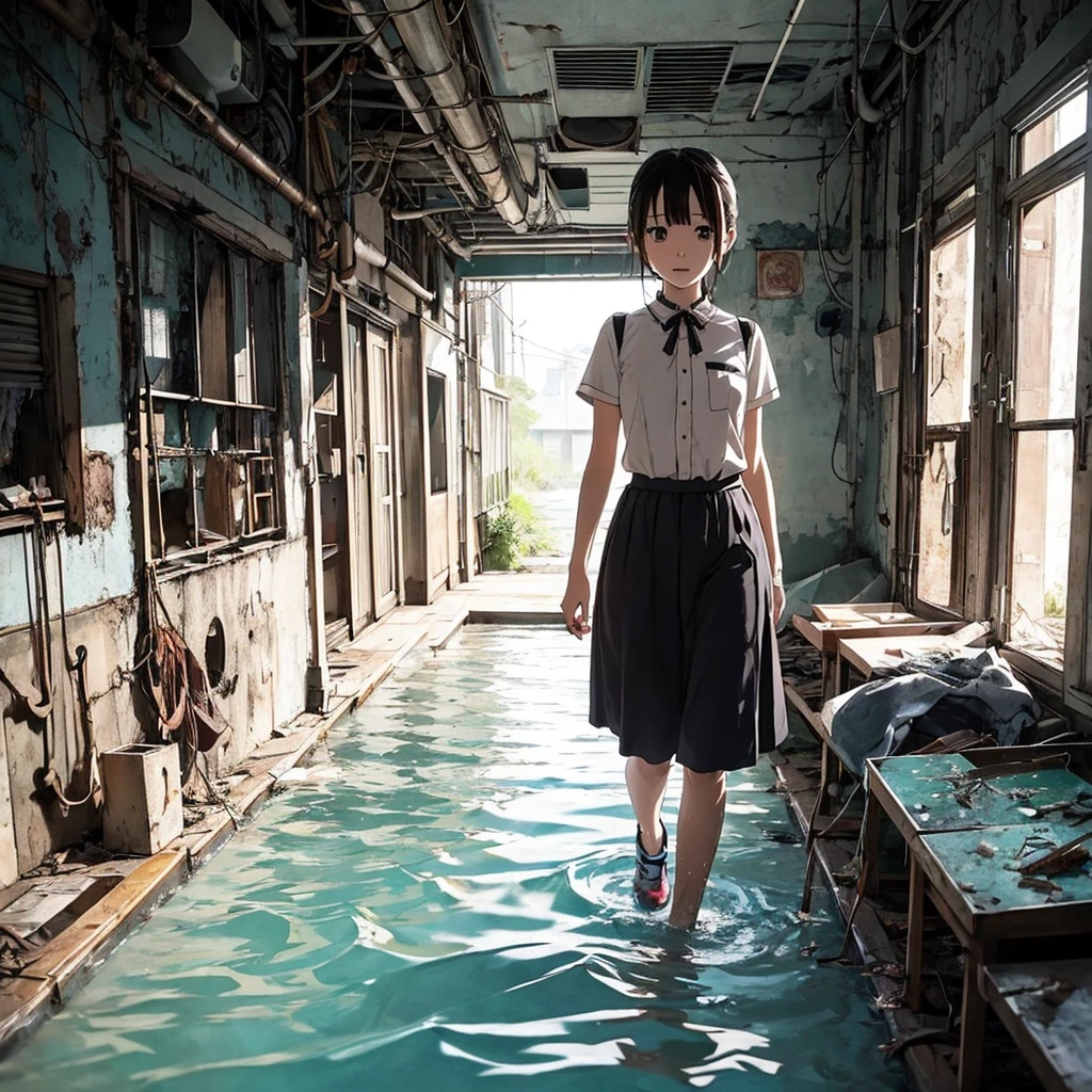 Girl captured by tentacles in abandoned factory、Tentacles in a skirt、Pants fabric texture、Watery eye、shout、Get wet、Reluctant、run away