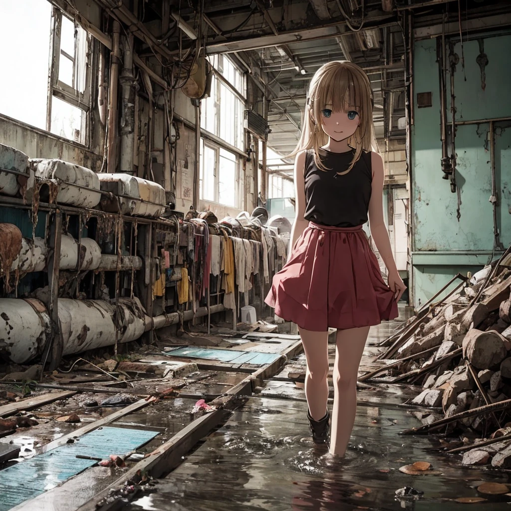 Girl captured by tentacles in abandoned factory、Tentacles in a skirt、Pants fabric texture、Watery eye、shout、Get wet、Reluctant、run away