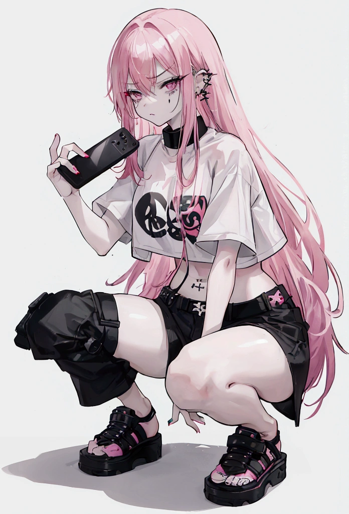a girl with long pink hair with black eyes and white skin. Wear a white crop top, long cargo pants and loose shoes. She squatted, her knees together, one hand resting on her chin, the other holding the phone, frowning slightly, wearing piercings in her ears and tongue. brick background