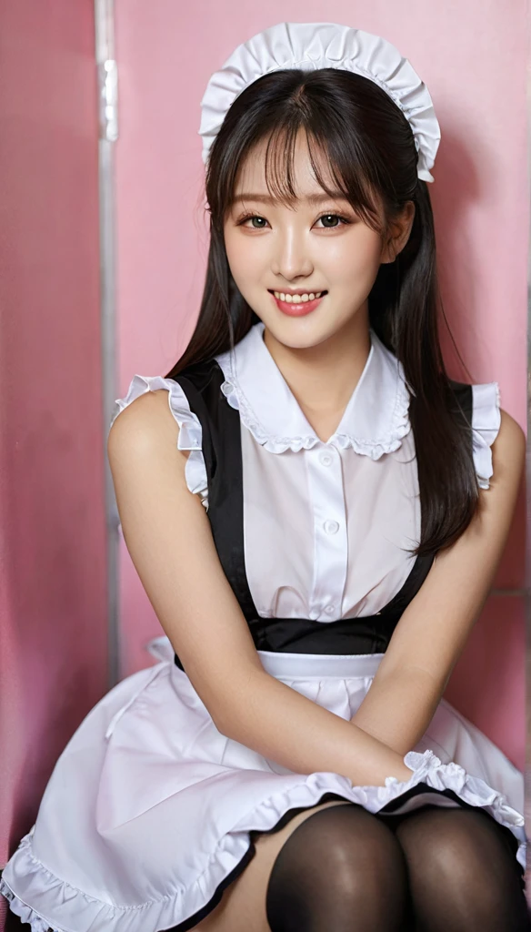 close-up shot of beautiful korean female, 36 inch breasts size, straight hair, slightly smile, wearing dresed in a pink, black and white themed sleeveless collared maid uniform, sitting in the backstage room, full body