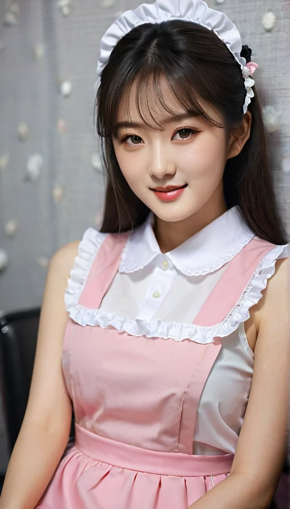close-up shot of beautiful korean female, 36 inch breasts size, straight hair, slightly smile, wearing dresed in a pink, black and white themed sleeveless collared maid uniform, sitting in the backstage room, full body