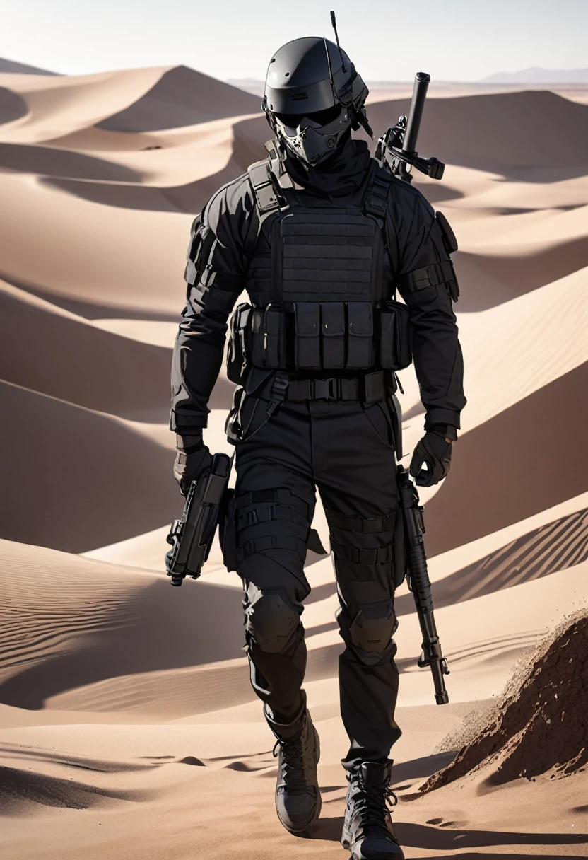 Modern male soldier, solo, black armor, black helmet and mask, black long boots, desert, black clothes, thin waist, black accessories, black everything