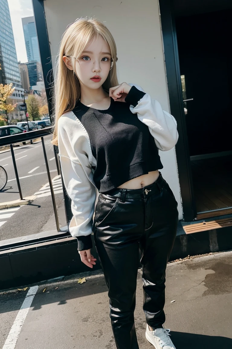 UHD,masterpiece,best,quality,ultra-detailed,1girl,20years old,blonde hair,dutch angle,Curvy Body,sweater,black slacks,at City,clenched fist,eye wear,full body,