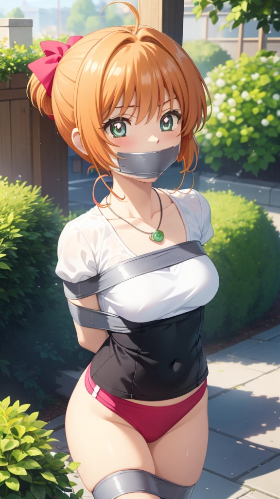 masterpiece, best quality, highres, 1girl, detailed face, blush, anime CG style, (medium breasts), (18 year old girl), good lighting, perfect body, sakura kinomoto, (tape gag), (tape bound), (arms bound), eyes wide, pupils dilated, garden, G-string, necklace, jewelry, ((two ponytails))