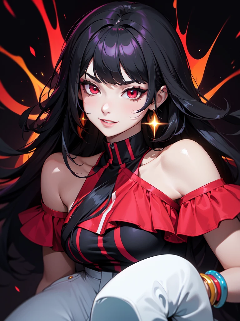 (((Portrait Photo))), She has a Childish, Youthful 18-Year-Old Appearance, with a Slim, Athletic Build, and a Vibrant Demeanor. She has Long, Flowing Black Hair, Styled Naturally with a Slight Wave. Her Striking Red Eyes Sparkle with Energy, Giving Off a Lively and Cheerful Expression. She Wears a One-Shoulder Ruffled Top in a Vibrant Hue, Paired with White Denim Shorts, and a Stack of Colorful Bangles for a Stylish Look. (((High Quality, Dark Background))), (((Portrait Photo)))