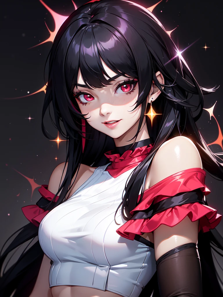 (((Portrait Photo))), She has a Childish, Youthful 18-Year-Old Appearance, with a Slim, Athletic Build, and a Vibrant Demeanor. She has Long, Flowing Black Hair, Styled Naturally with a Slight Wave. Her Striking Red Eyes Sparkle with Energy, Giving Off a Lively and Cheerful Expression. She Wears a One-Shoulder Ruffled Top in a Vibrant Hue, Paired with White Denim Shorts, and a Stack of Colorful Bangles for a Stylish Look. (((High Quality, Dark Background))), (((Portrait Photo)))