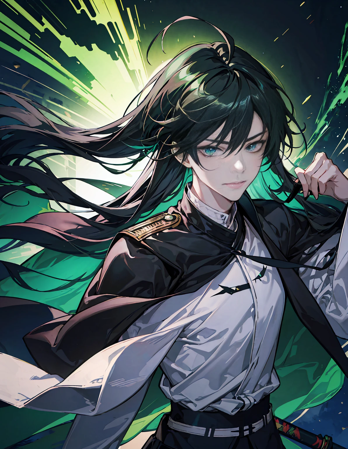 Rogue, 1man, fantasy ,longhair, green eyes, samuraistyle, blackhairhightlightgreen, japan, handsome, 21yearold, earing, smile ,dragger, villianface, darkblackground, use katana, fasionhair, samurai armor