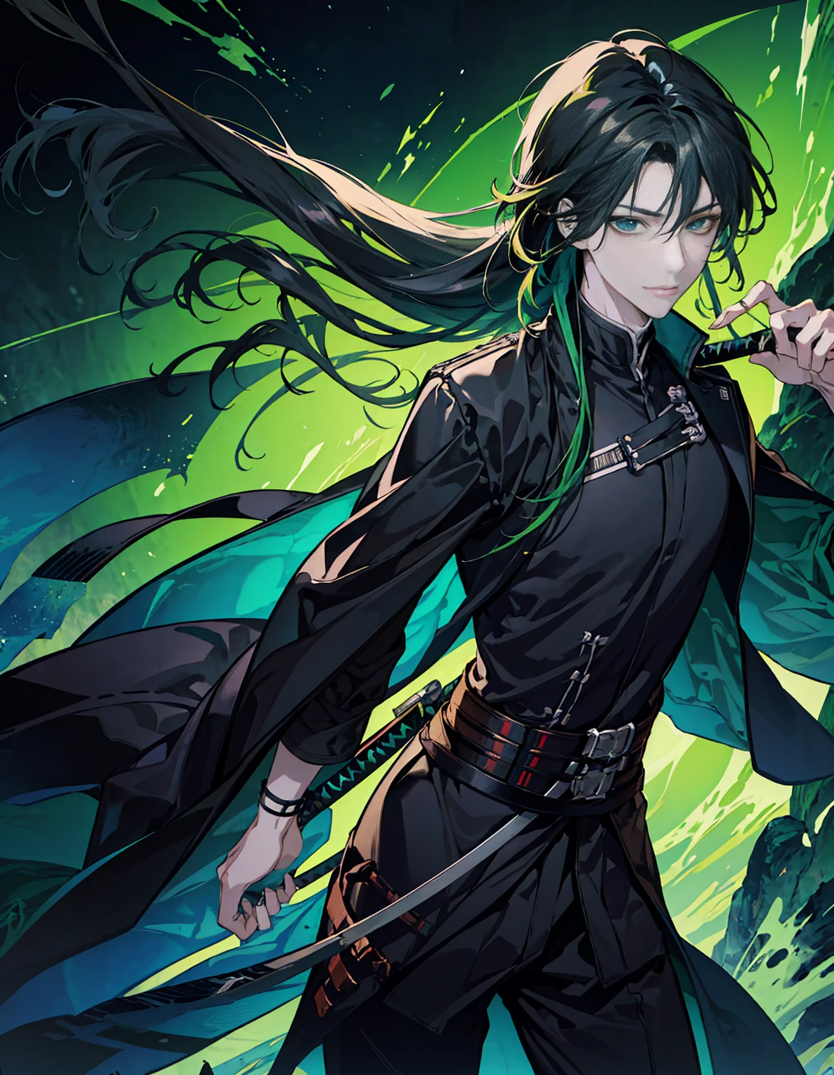 Rogue, 1man, fantasy ,longhair, green eyes, samuraistyle, blackhairhightlightgreen, japan, handsome, 21yearold, earing, smile ,dragger, villianface, darkblackground, use katana, fasionhair, samurai armor