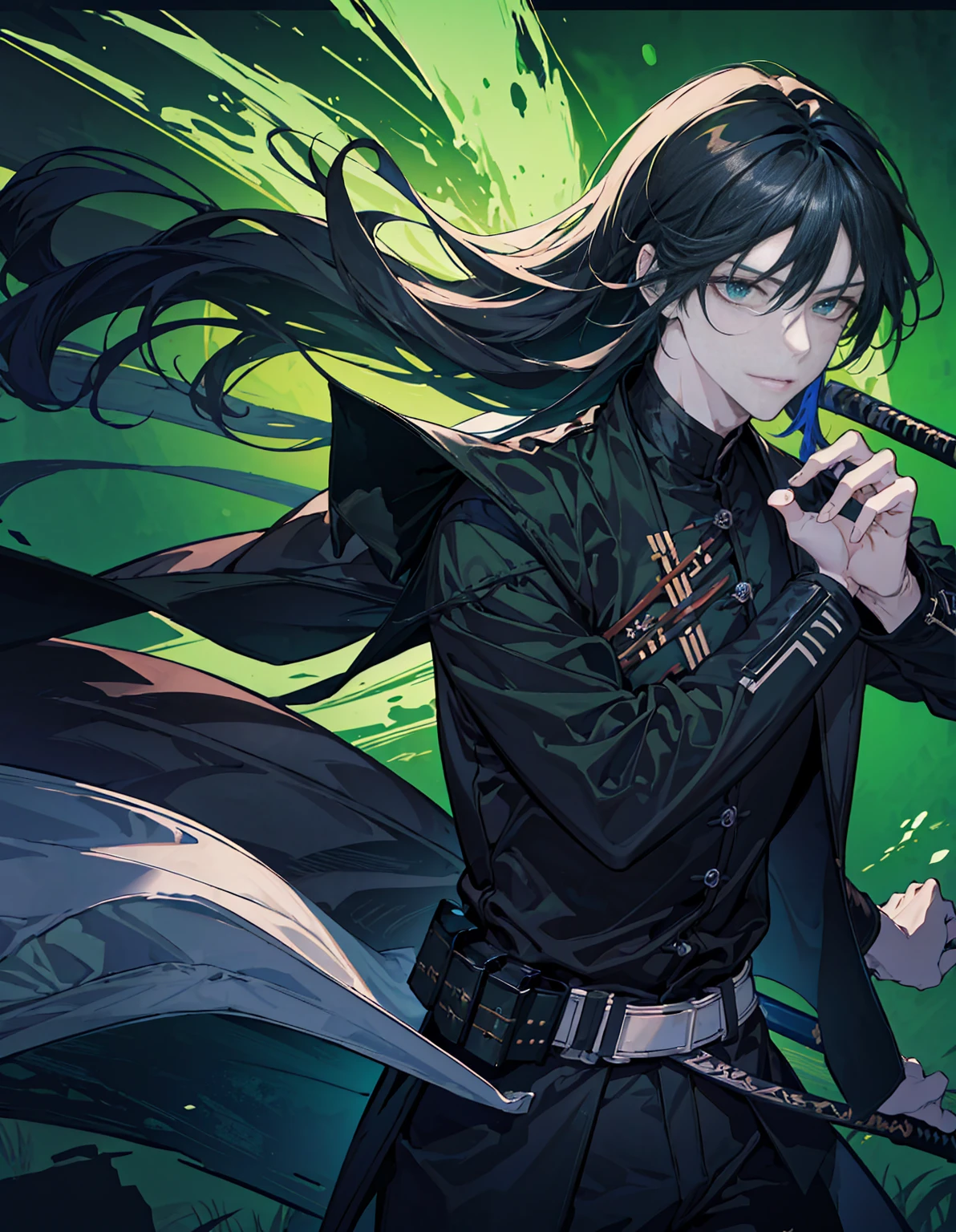 Rogue, 1man, fantasy ,longhair, green eyes, samuraistyle, blackhairhightlightgreen, japan, handsome, 21yearold, earing, smile ,dragger, villianface, darkblackground, use katana, fasionhair, samurai armor