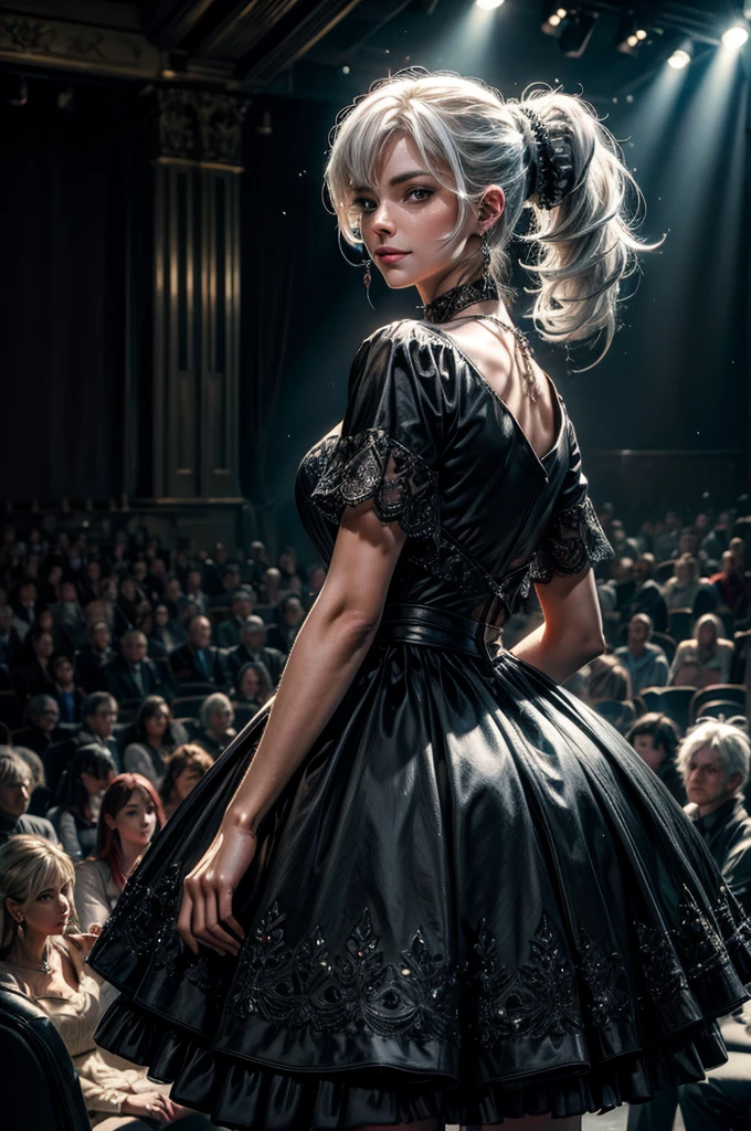 (masterpiece, best quality:1.2), cowboy shot, weissvale, smile, closed mouth, looking at viewer, long white hair, side ponytail, scar above eye, scar below eye, black gala dress, jewelry, necklace, earrings, future_urban, standing in theater, on stage, orchestra, audience, crowd, (volumetric lighting), intricate details, tonemapping, sharp focus, hyper detailed