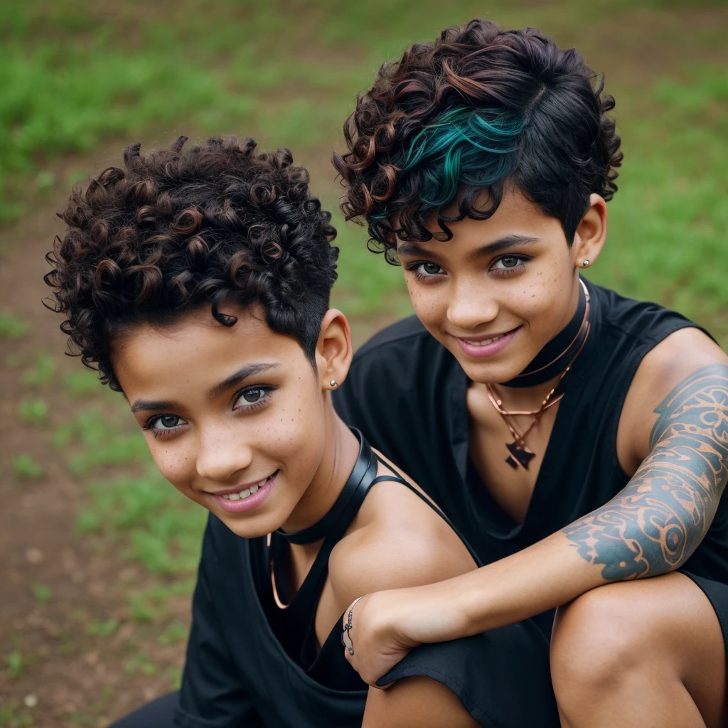One thirteen years old androgynous girl, black , copper skin, black short curly hair, (curly hair), pixie cut, shaved hair on the sides, colored highlights, blue highlights, green highlights, red highlights, purple highlights, one young girl  (cute), freckles, dark green eyes, cute pose, excited pose, dynamic pose, fun pose, smiling, in love, sitted cris-cross on a counch arm, sitting wrong, emo outfit, emo makeup, black outfit, chocker necklace, emo boy,