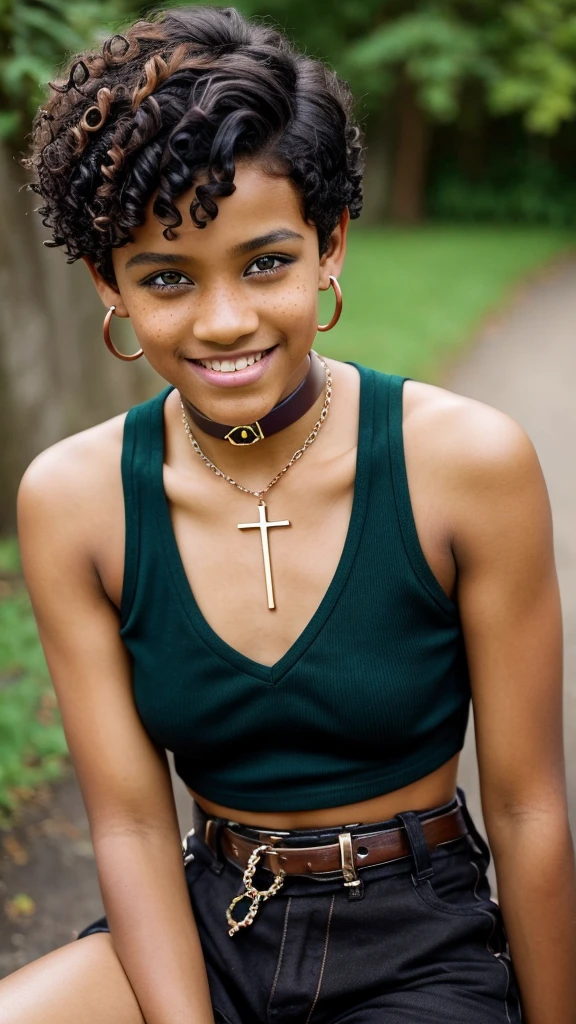 One thirteen years old androgynous girl, black , copper skin, black short curly hair, (curly hair), pixie cut, shaved hair on the sides, colored highlights, blue highlights, green highlights, red highlights, purple highlights, one young girl  (cute), freckles, dark green eyes, cute pose, excited pose, dynamic pose, fun pose, smiling, in love, sitted cris-cross on a counch arm, sitting wrong, emo outfit, emo makeup, black outfit, chocker necklace, emo boy,