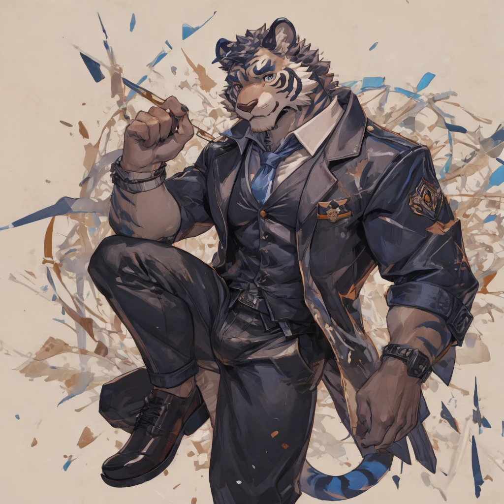 {{bara extremely handsome white tiger,}} {{white fur,}} white, wearing elegant ornate suit jacket, trousers, white dress shirt and necktie, white fluffy furry body and limbs, loafers, very tall, very broad shoulders, narrow waist, muscular arms, massive pecs, purple eyes, very long legs, massive bulge, sophisticated hot look, 3/4 view, best quality, high detail, CG image, character splash art, silver earring on left ear, sultry smirk