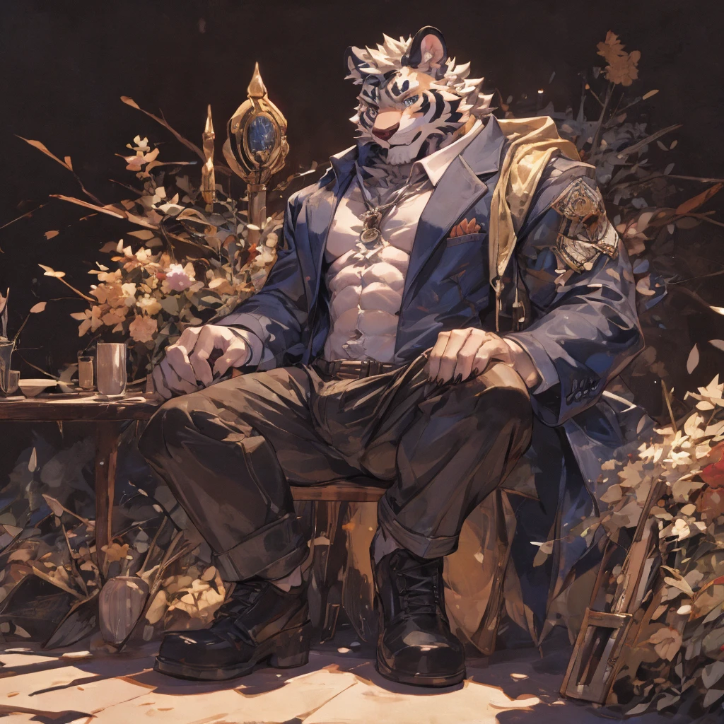{{bara extremely handsome white tiger,}} {{white fur,}} white, professional model like, wearing elegant ornate suit jacket, trousers, white dress shirt and necktie, white fluffy furry body and limbs, loafers, very tall, very broad shoulders, narrow waist, muscular arms, massive pecs, purple eyes, very long legs, massive bulge, sophisticated hot look, 3/4 view, best quality, high detail, CG image, character splash art, silver earring on left ear, sultry smirk
