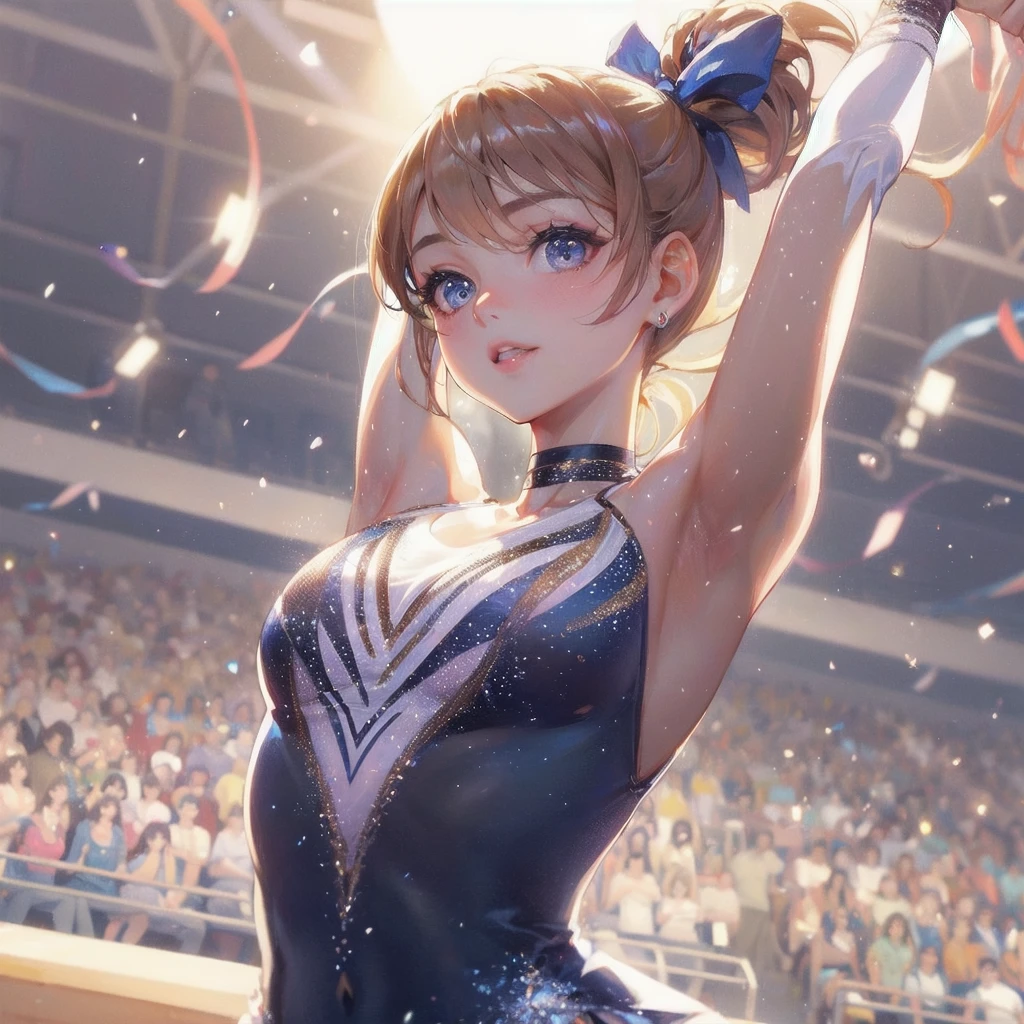 masterpiece, (textured skin), best quality, gorgeous beautiful girl, (a female rhythmic gymnastics athlete), detailed clothes,large breasts,narrow waist,, (beautiful face), cinematic lighting, (at rhythmic gymnastics venue ),