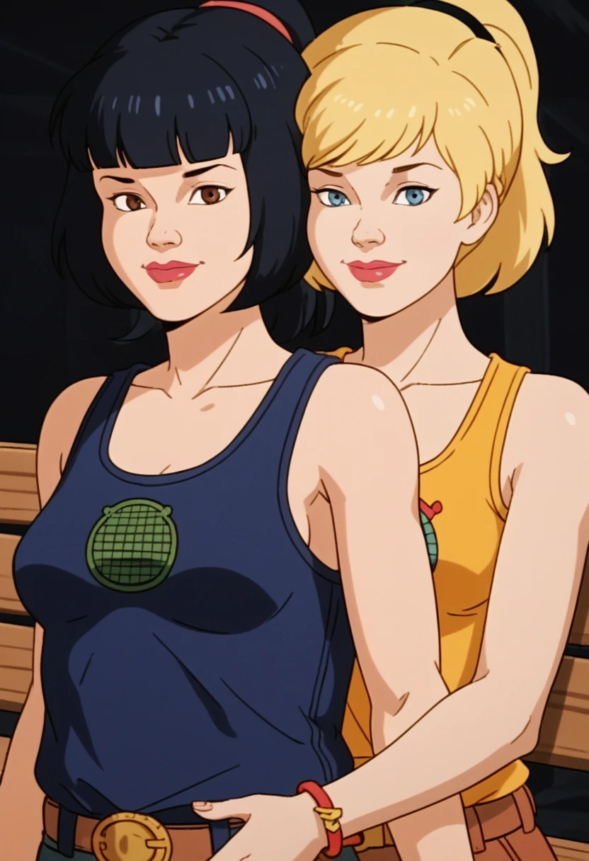 score_9, score_8, score_7, score_8_up, score_7_up, score_6_up, 2girls, (((xgix,black hair,bob cut,blunt bangs,brown eyes,lipstick,bracelet, tank top, belt, small breasts))), (((xlinkax, blonde hair, ponytail, blue eyes, medium breasts, tank top))),   lies, by wooden bench, light smile, front view , sunshine, hugging,upper body, portrait, kissing, grab breasts, covered nipples, french kiss, saliva , seductive, blushing, aroused, 