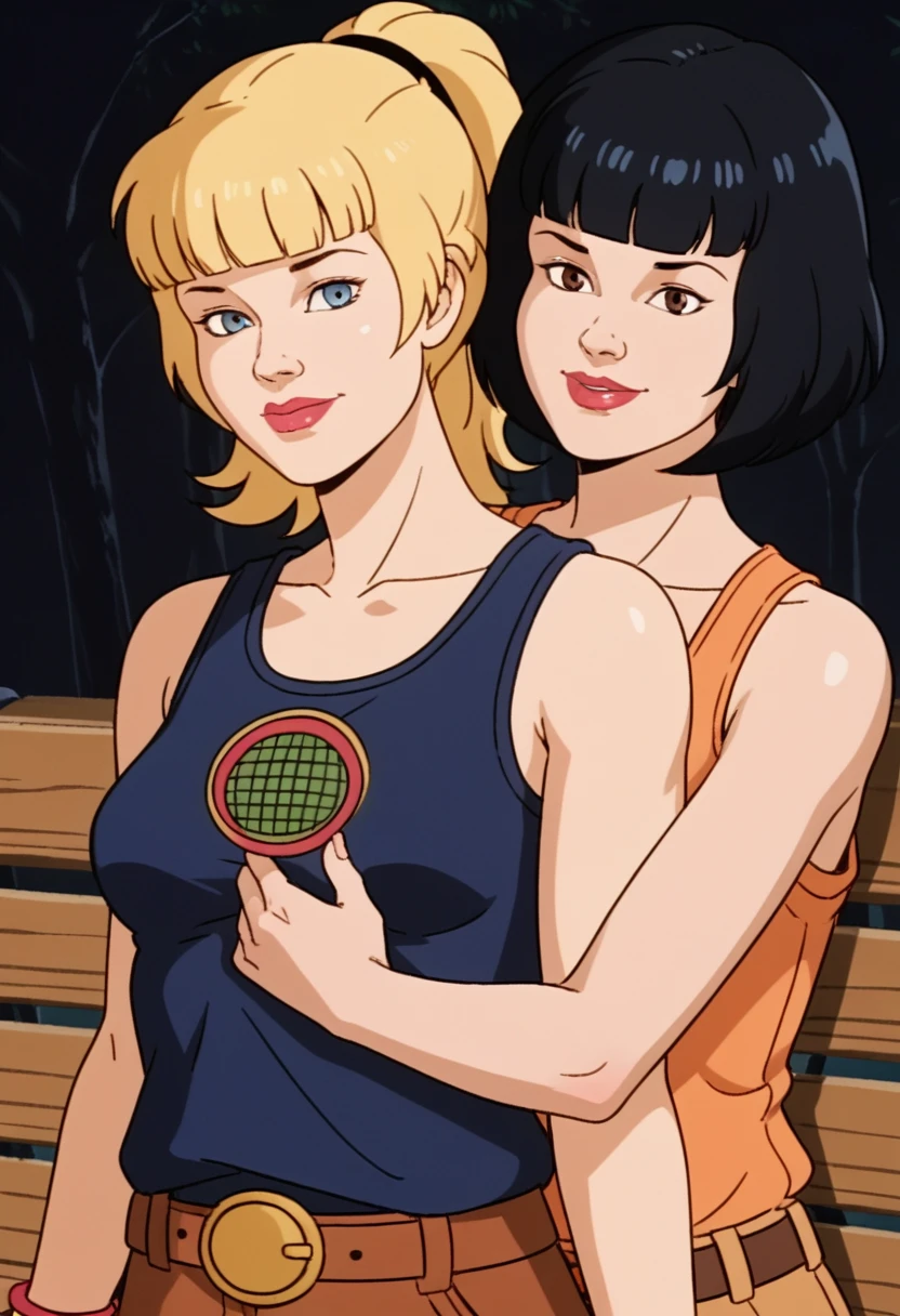 score_9, score_8, score_7, score_8_up, score_7_up, score_6_up, 2girls, (((xgix,black hair,bob cut,blunt bangs,brown eyes,lipstick,bracelet, tank top, belt, small breasts))), (((xlinkax, blonde hair, ponytail, blue eyes, medium breasts, tank top))),   standing, by wooden bench, light smile, front view , sunshine, hugging, looking on viewer, upper body, portrait,