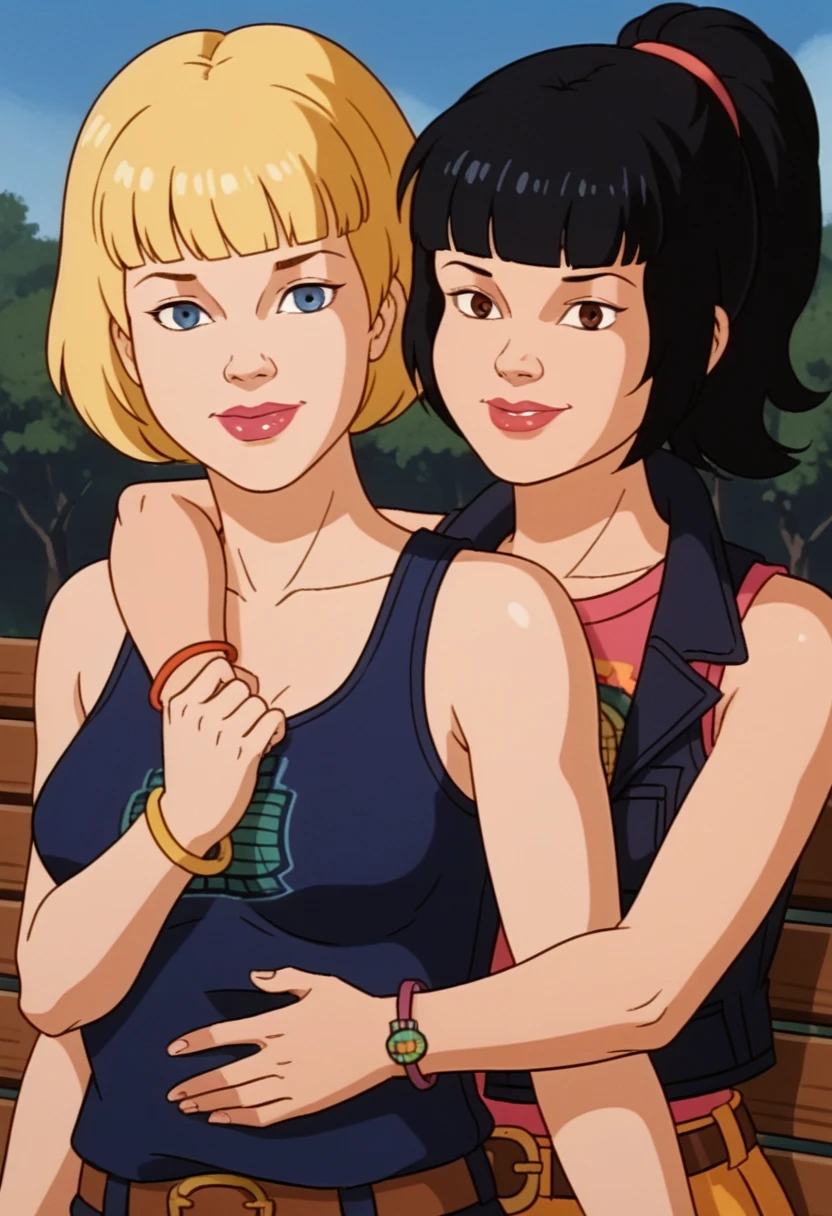 score_9, score_8, score_7, score_8_up, score_7_up, score_6_up, 2girls, (((xgix,black hair,bob cut,blunt bangs,brown eyes,lipstick,bracelet, tank top, belt, small breasts))), (((xlinkax, blonde hair, ponytail, blue eyes, medium breasts, tank top))),   standing, by wooden bench, light smile, front view , sunshine, hugging, looking on viewer, upper body, portrait,