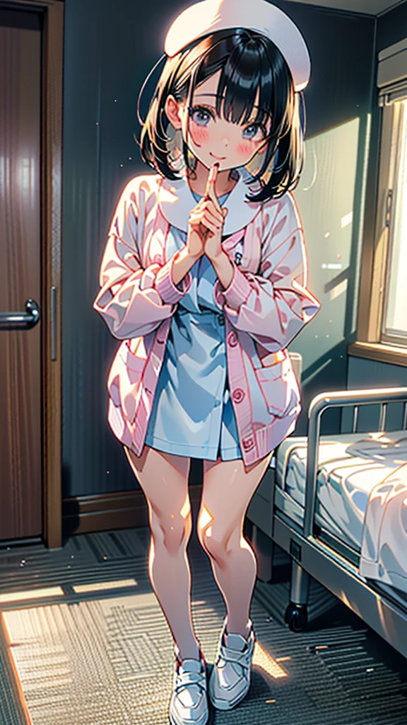 (8k, RAW Photos, 最high quality, masterpiece:1.2), high qualityのRAWカラー写真, Professional photo shoot, Cinematic Light, alone, (((young woman, Gal))), (Sharp features), (Small face), (Skin with attention to detail:1.2), clavicle, Cute Face, Beautiful appearance, Long eyelashes,Embarrassed, (Black Hair, Tied Hair), ((White Nurse,)), White sneakers,,Embarrassed, Artistic painting,Attractive thighs, (Very nice touch:1.2),A shy smile), Peaceful atmosphere, Oil painting style, Bright colors, (Are standing,Inside the white hospital room, Full body portrait), Smooth texture, Gazing Eyes, Beautiful Skin, Glowing Skin, ((Perfect Fingers, Five Fingers, Anatomically correct)), Background Blur, high quality, Surreal, ((Very detailed, photo shoot)),Many people々、blush、Plump、Tight fitting sexy nurse uniform、White Nurse服、nurse、mini skirt、Full Body Shot、White Hospital、白いタイトなmini skirt、Navy cardigan、blush