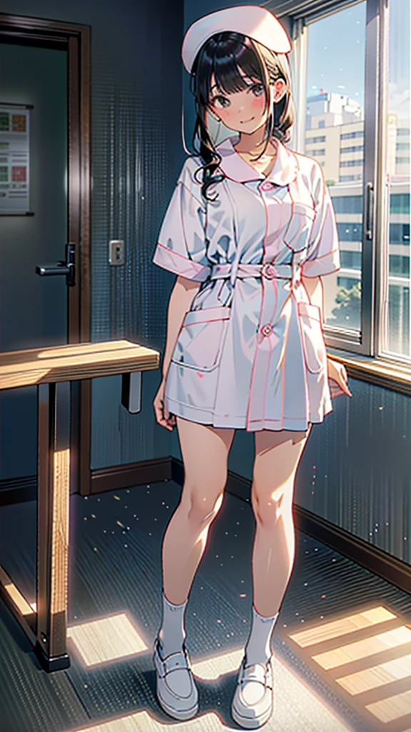 (8k, RAW Photos, 最high quality, masterpiece:1.2), high qualityのRAWカラー写真, Professional photo shoot, Cinematic Light, alone, (((young woman, Gal))), (Sharp features), (Small face), (Skin with attention to detail:1.2), clavicle, Cute Face, Beautiful appearance, Long eyelashes,Embarrassed, (Black Hair, Tied Hair), ((White Nurse,)), White sneakers,,Embarrassed, Artistic painting,Attractive thighs, (Very nice touch:1.2),A shy smile), Peaceful atmosphere, Oil painting style, Bright colors, (Are standing,Inside the white hospital room, Full body portrait), Smooth texture, Gazing Eyes, Beautiful Skin, Glowing Skin, ((Perfect Fingers, Five Fingers, Anatomically correct)), Background Blur, high quality, Surreal, ((Very detailed, photo shoot)),Many people々、blush、Plump、Tight fitting sexy nurse uniform、White Nurse服、nurse、mini skirt、Full Body Shot、White Hospital、白いタイトなmini skirt、Navy cardigan、blush