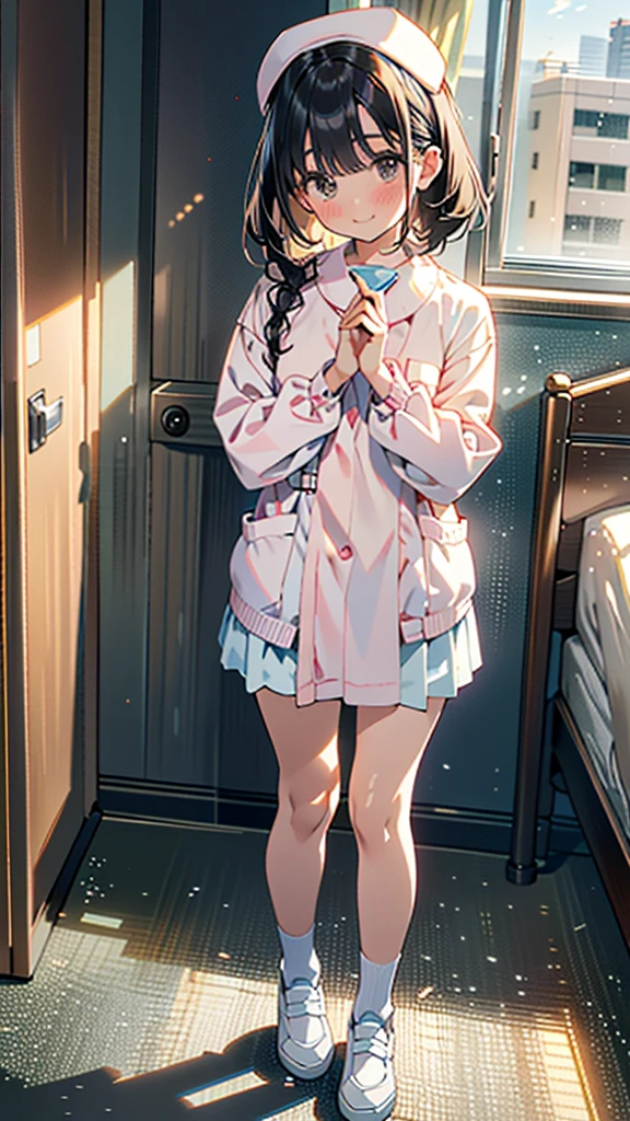 (8k, RAW Photos, 最high quality, masterpiece:1.2), high qualityのRAWカラー写真, Professional photo shoot, Cinematic Light, alone, (((young woman, Gal))), (Sharp features), (Small face), (Skin with attention to detail:1.2), clavicle, Cute Face, Beautiful appearance, Long eyelashes,Embarrassed, (Black Hair, Tied Hair), ((White Nurse,)), White sneakers,,Embarrassed, Artistic painting,Attractive thighs, (Very nice touch:1.2),A shy smile), Peaceful atmosphere, Oil painting style, Bright colors, (Are standing,Inside the white hospital room, Full body portrait), Smooth texture, Gazing Eyes, Beautiful Skin, Glowing Skin, ((Perfect Fingers, Five Fingers, Anatomically correct)), Background Blur, high quality, Surreal, ((Very detailed, photo shoot)),Many people々、blush、Plump、Tight fitting sexy nurse uniform、White Nurse服、nurse、mini skirt、Full Body Shot、White Hospital、白いタイトなmini skirt、Navy cardigan、blush