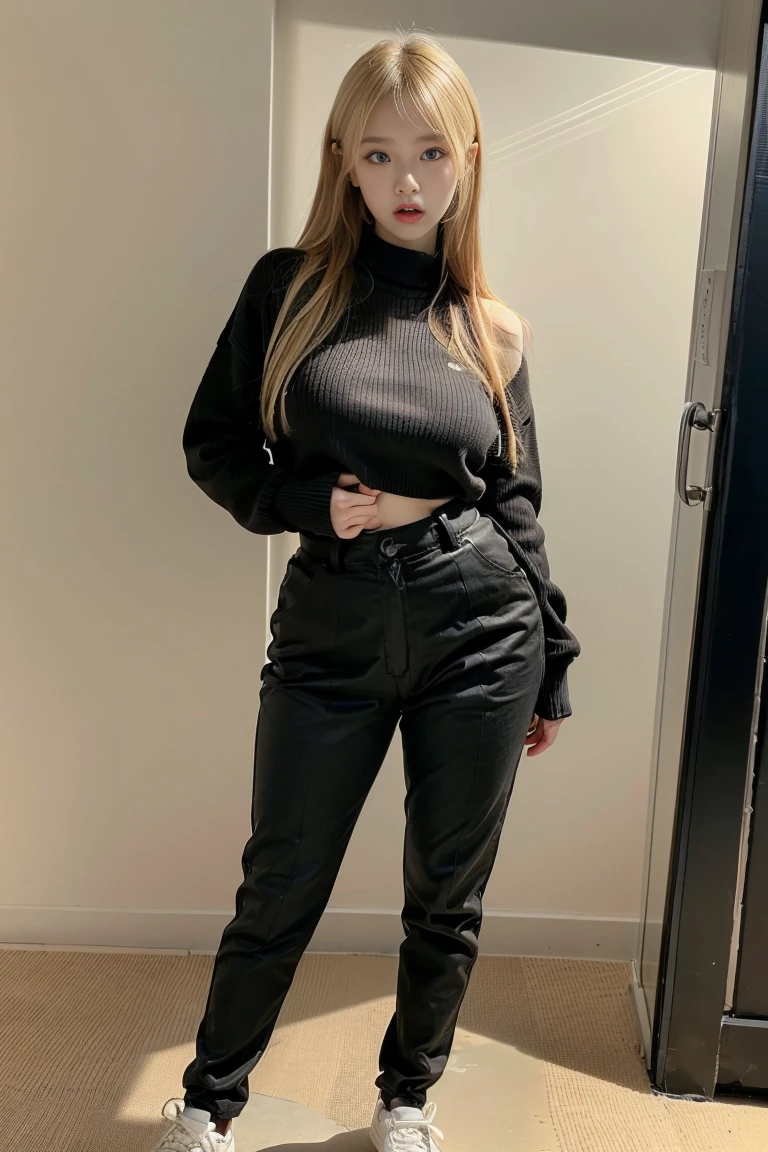 UHD,masterpiece,best,quality,ultra-detailed,1girl,20years old,blonde hair,Curvy Body,sweater,black slacks,at City,clenched fist,eye wear,full body,