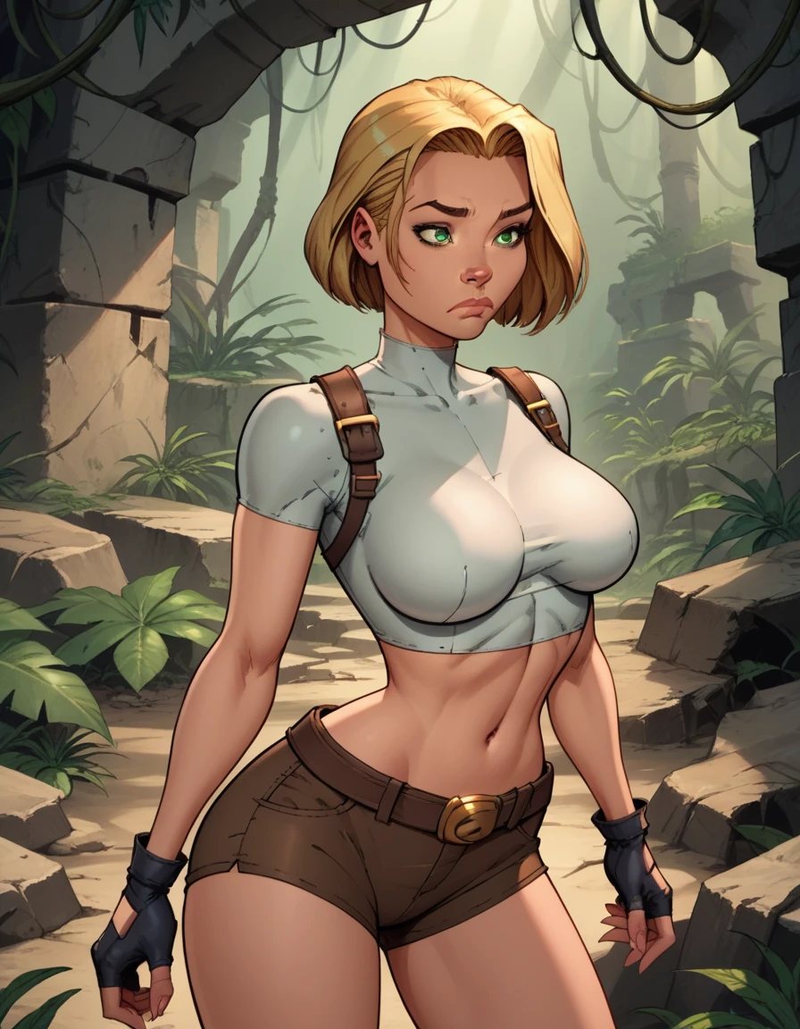 score_9, score_8_up, score_7_up,score_6_up, score_5_up, score_4_up, detailed soft lighting, 1girl, solo, large breasts, AchaseDG, hort hair, blonde hair, green eyes, plain white shirt, black gloves, crop top, (tiny brown shorts:1.4), belt, fingerless gloves, (tight clothes:1.3), exploring jungle ruins, dynamic poses, tired, closed mouth, (masterpiece, best quality, highly detailed, beautiful).