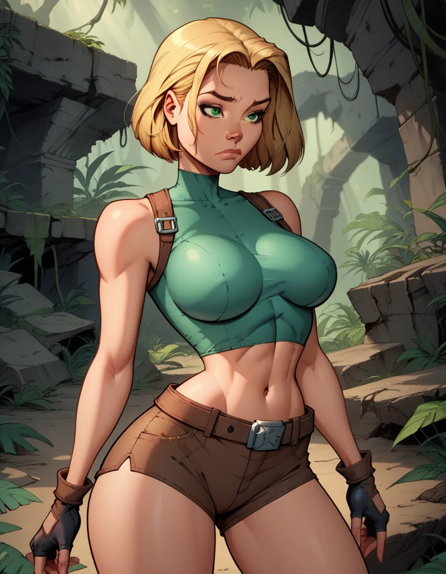 score_9, score_8_up, score_7_up,score_6_up, score_5_up, score_4_up, detailed soft lighting, 1girl, solo, large breasts, AchaseDG, hort hair, blonde hair, green eyes, plain white shirt, black gloves, crop top, (tiny brown shorts:1.4), belt, fingerless gloves, (tight clothes:1.3), exploring jungle ruins, dynamic poses, tired, closed mouth, (masterpiece, best quality, highly detailed, beautiful).