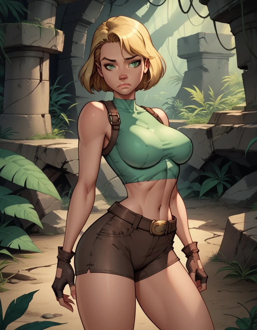 score_9, score_8_up, score_7_up,score_6_up, score_5_up, score_4_up, detailed soft lighting, 1girl, solo, large breasts, AchaseDG, hort hair, blonde hair, green eyes, plain white shirt, black gloves, crop top, (tiny brown shorts:1.4), belt, fingerless gloves, (tight clothes:1.3), exploring jungle ruins, dynamic poses, tired, closed mouth, (masterpiece, best quality, highly detailed, beautiful).