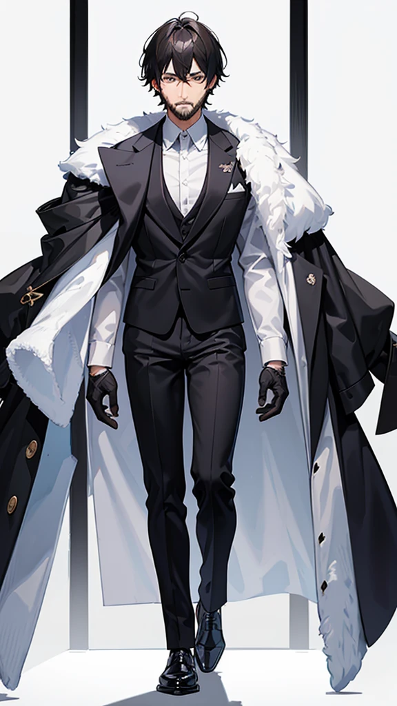 male、Age 35、less beard、Tired face、Glaring eyes、Long bangs、7:3 parting、Shot from the thigh up、Are standing、looking at the camera、Plain white background、Simple black suit、Businessman、High quality